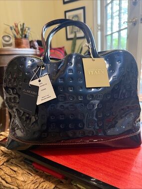 Arcadia Glossy Patent Satchel in Deep Navy